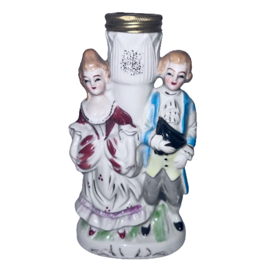 Occupied Japan Porcelain Colonial Couple Oil Lamp Base 7 Inch Vintage